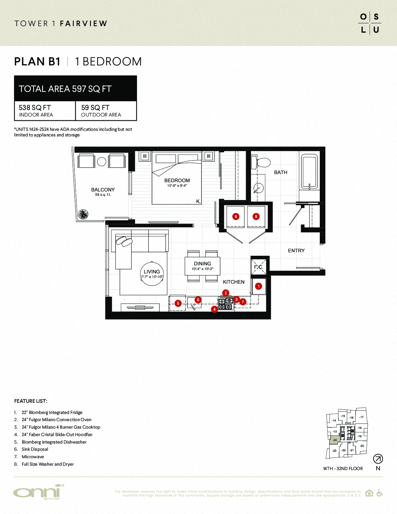Floor plan for 1 bed, 1 bath, 538 sqft